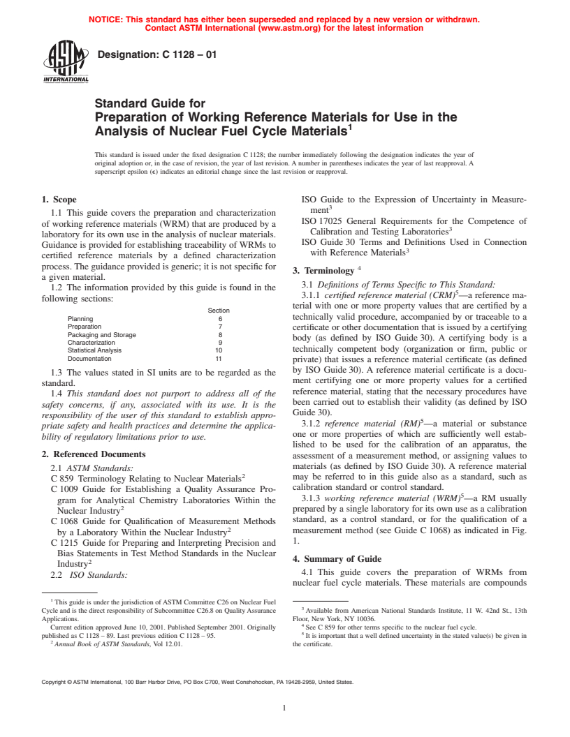 ASTM C1128-01 - Standard Guide for Preparation of Working Reference Materials for Use in the Analysis of Nuclear Fuel Cycle Materials