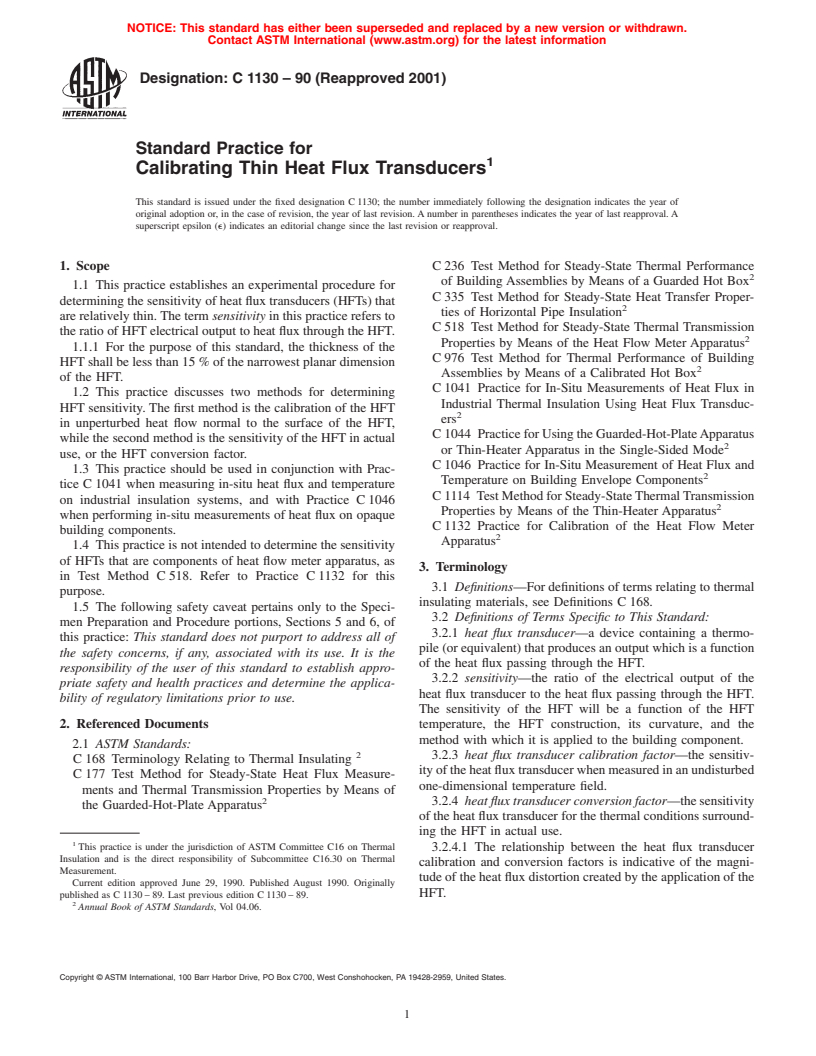 ASTM C1130-90(2001) - Standard Practice for Calibrating Thin Heat Flux Transducers