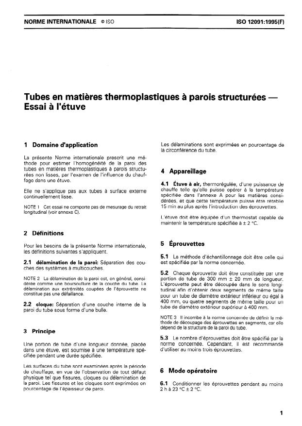 ISO 12091:1995 - Tubes en matieres thermoplastiques a parois structurées -- Essai a l'étuve