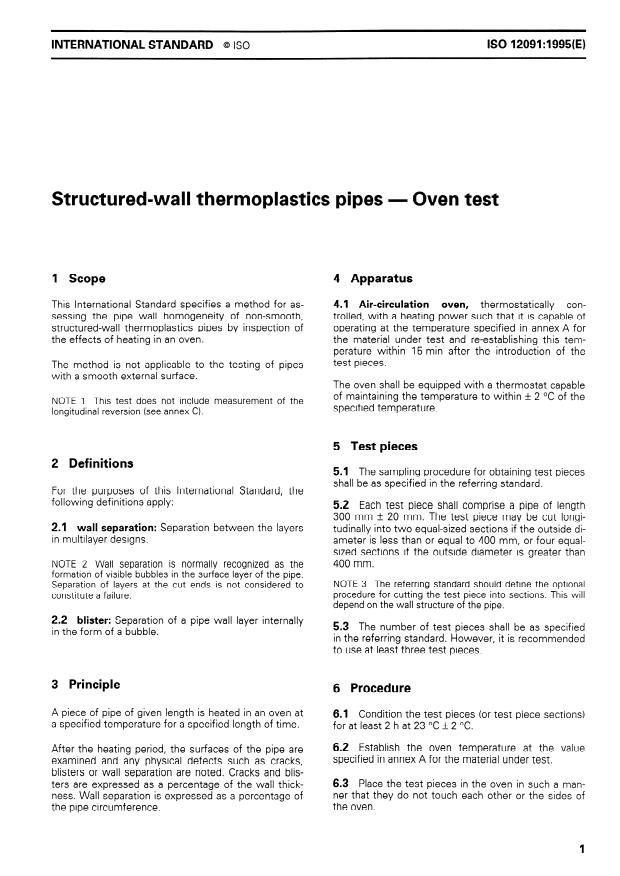 ISO 12091:1995 - Structured-wall thermoplastics pipes -- Oven test