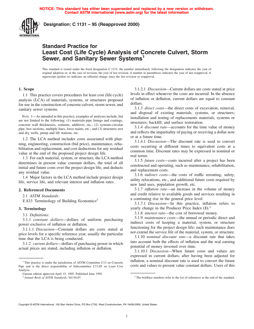 ASTM C1131-95(2000) - Standard Practice for Least Cost (Life Cycle) Analysis of Concrete Culvert, Storm Sewer, and Sanitary Sewer Systems