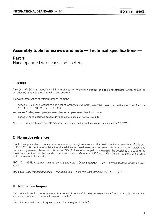 ISO 1711-1:1996 - Assembly tools for screws and nuts -- Technical specifications