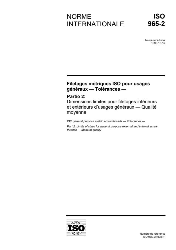 ISO 965-2:1998 - Filetages métriques ISO pour usages généraux -- Tolérances