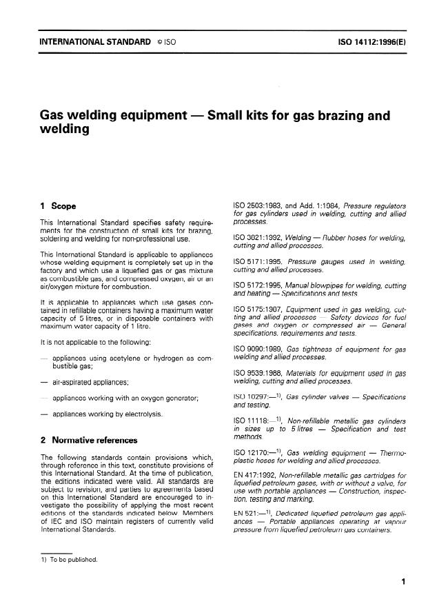 ISO 14112:1996 - Gas welding equipment -- Small kits for gas brazing and welding