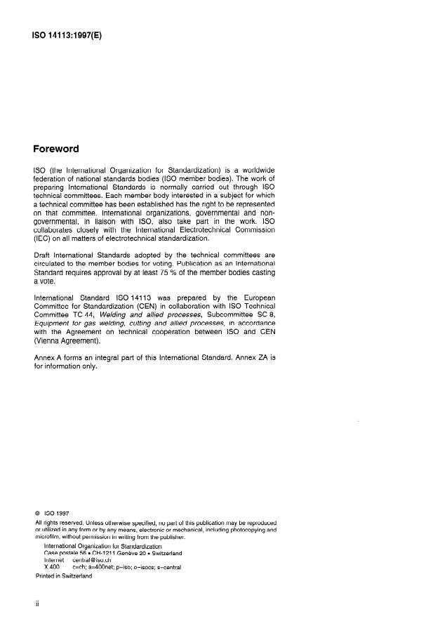 ISO 14113:1997 ISO 14113:1997 - Gas welding equipment -- Rubber and plastic hoses assembled for compressed or liquefied gases up to a maximum design pressure of 450 bar - Page 2 preview