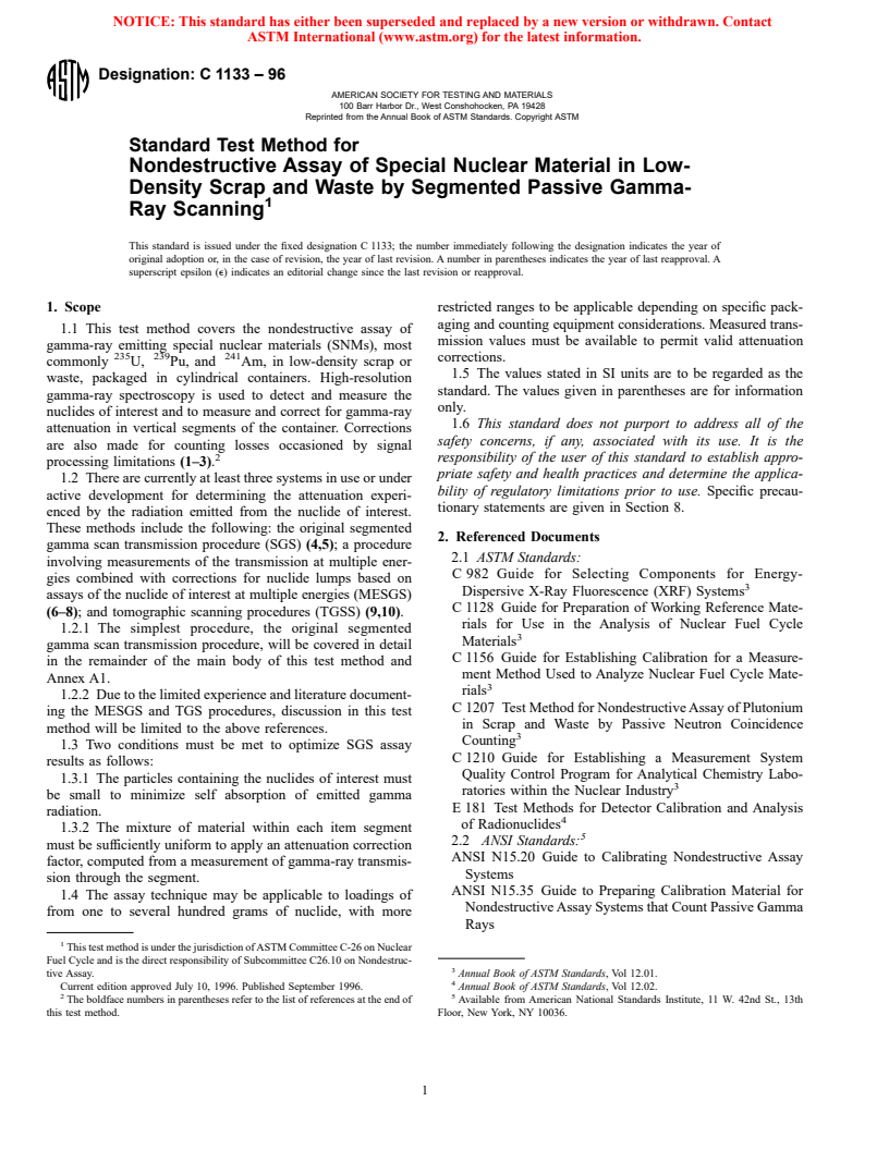 ASTM C1133-96 - Standard Test Method for Nondestructive Assay of Special Nuclear Material in Low Density Scrap and Waste by Segmented Passive Gamma-Ray Scanning