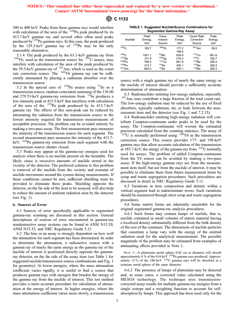 ASTM C1133-96 - Standard Test Method for Nondestructive Assay of Special Nuclear Material in Low Density Scrap and Waste by Segmented Passive Gamma-Ray Scanning