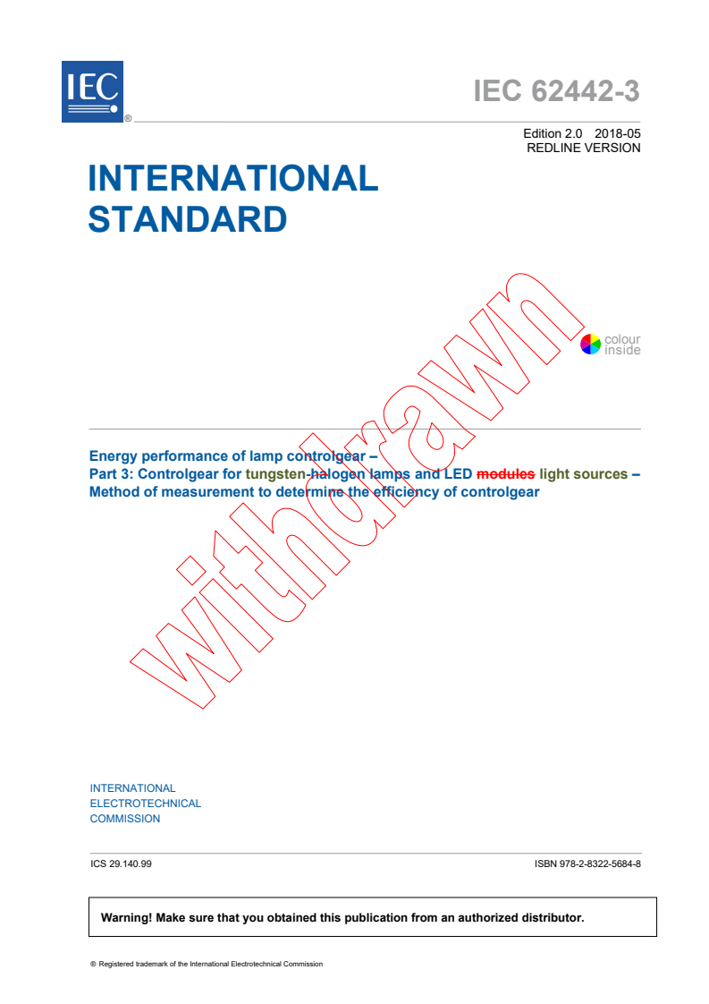 IEC 62442-3:2018 RLV - Energy performance of lamp controlgear - Part 3: Controlgear for tungsten-halogen lamps and LED light sources - Method of measurement to determine the efficiency of controlgear
Released:5/3/2018
Isbn:9782832256848