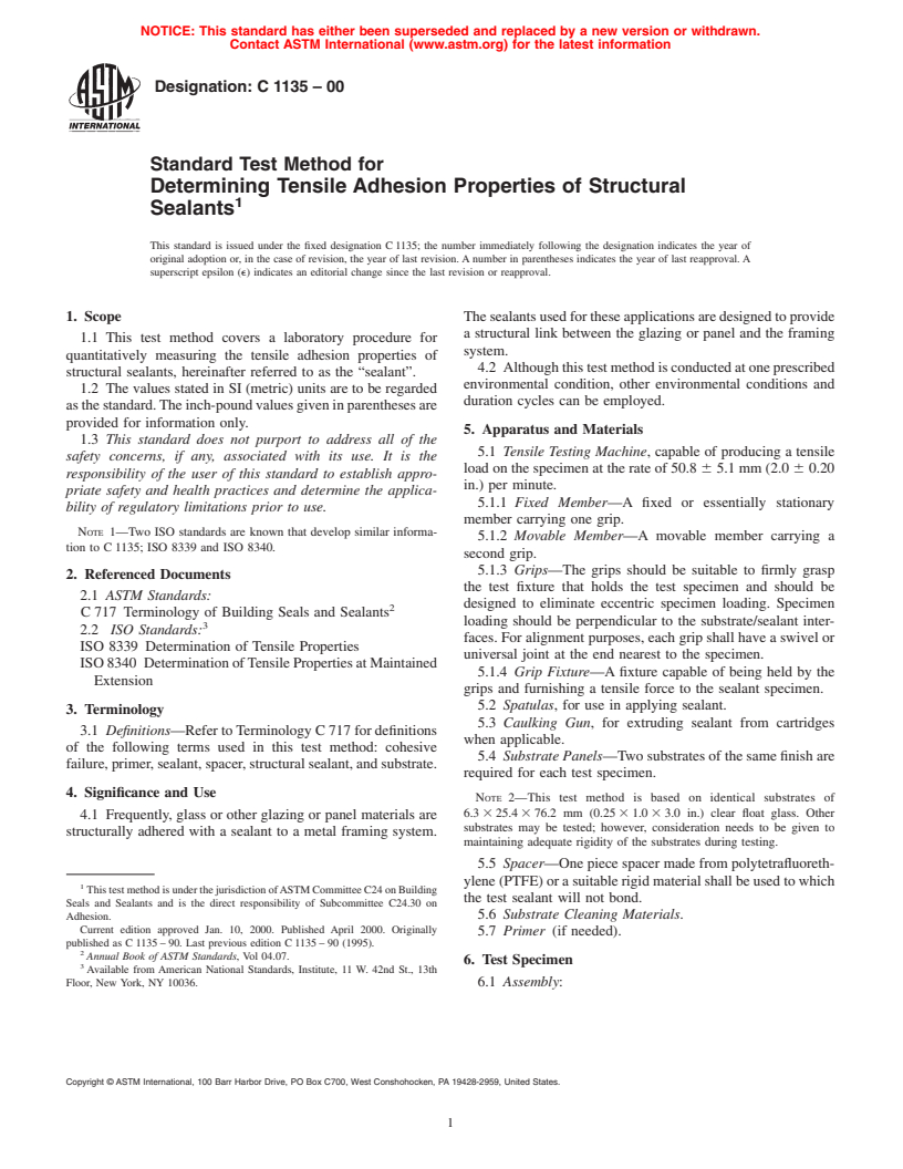 ASTM C1135-00 - Standard Test Method for Determining Tensile Adhesion Properties of Structural Sealants