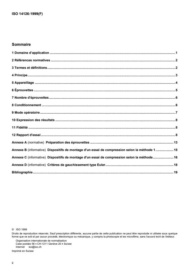 ISO 14126:1999 ISO 14126:1999 - Composites plastiques renforcés de fibres -- Détermination des caractéristiques en compression dans le plan - Page 2 preview