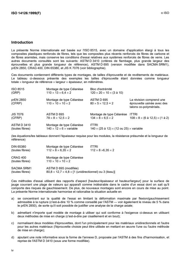 ISO 14126:1999 ISO 14126:1999 - Composites plastiques renforcés de fibres -- Détermination des caractéristiques en compression dans le plan - Page 4 preview