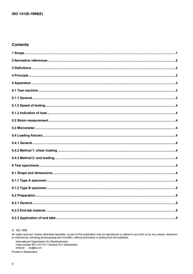 ISO 14126:1999 ISO 14126:1999 - Fibre-reinforced plastic composites -- Determination of compressive properties in the in-plane direction - Page 2 preview
