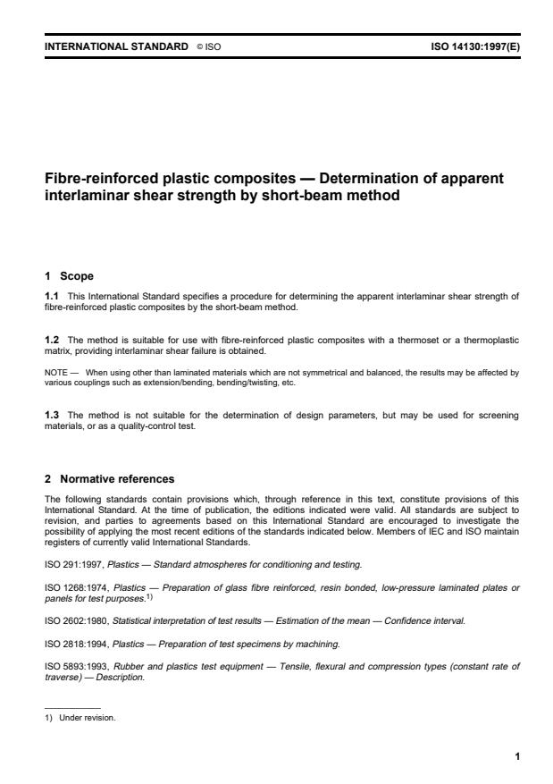 ISO 14130:1997 - Fibre-reinforced plastic composites -- Determination of apparent interlaminar shear strength by short-beam method