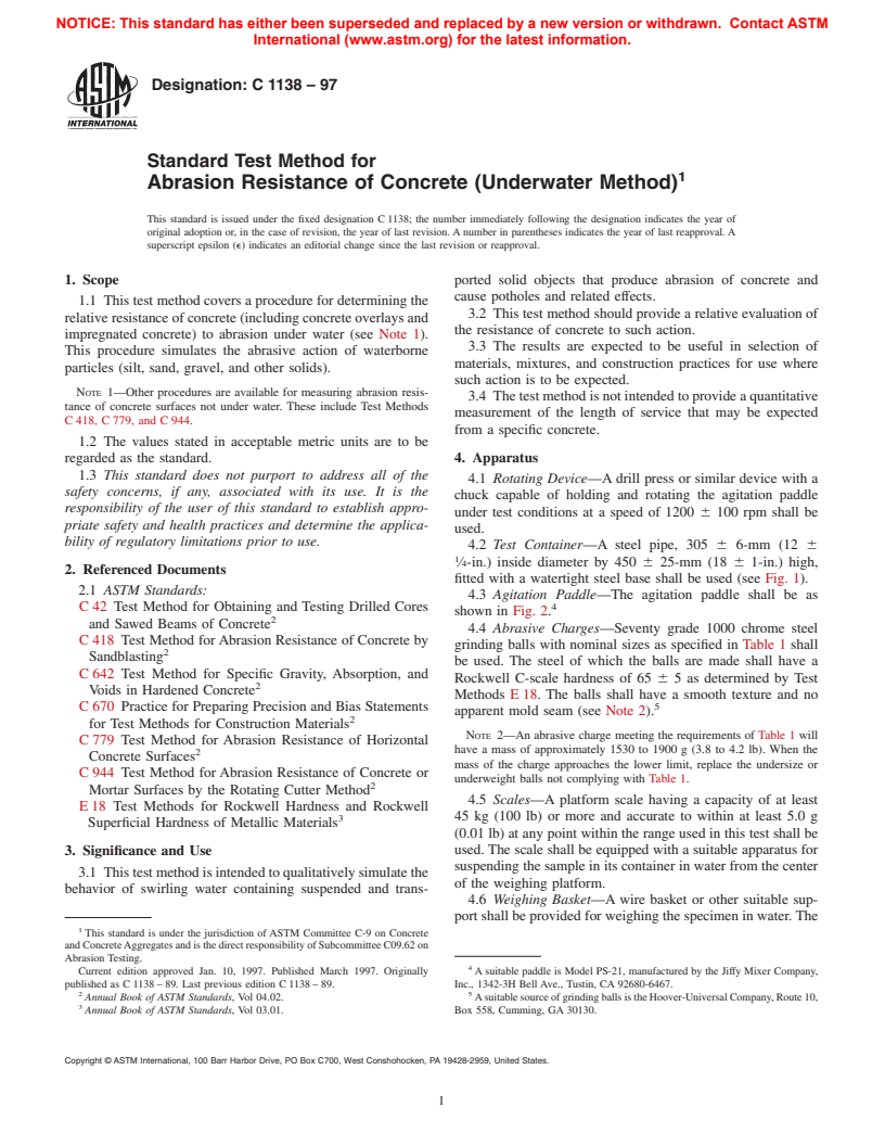 ASTM C1138-97 - Standard Test Method for Abrasion Resistance of Concrete (Underwater Method)