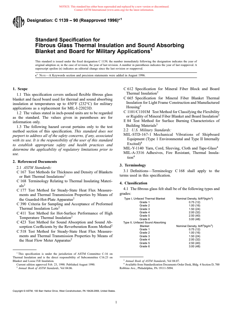 ASTM C1139-90(1996)e1 - Standard Specification for Fibrous Glass Thermal Insulation and Sound Absorbing Blanket and Board for Military Applications