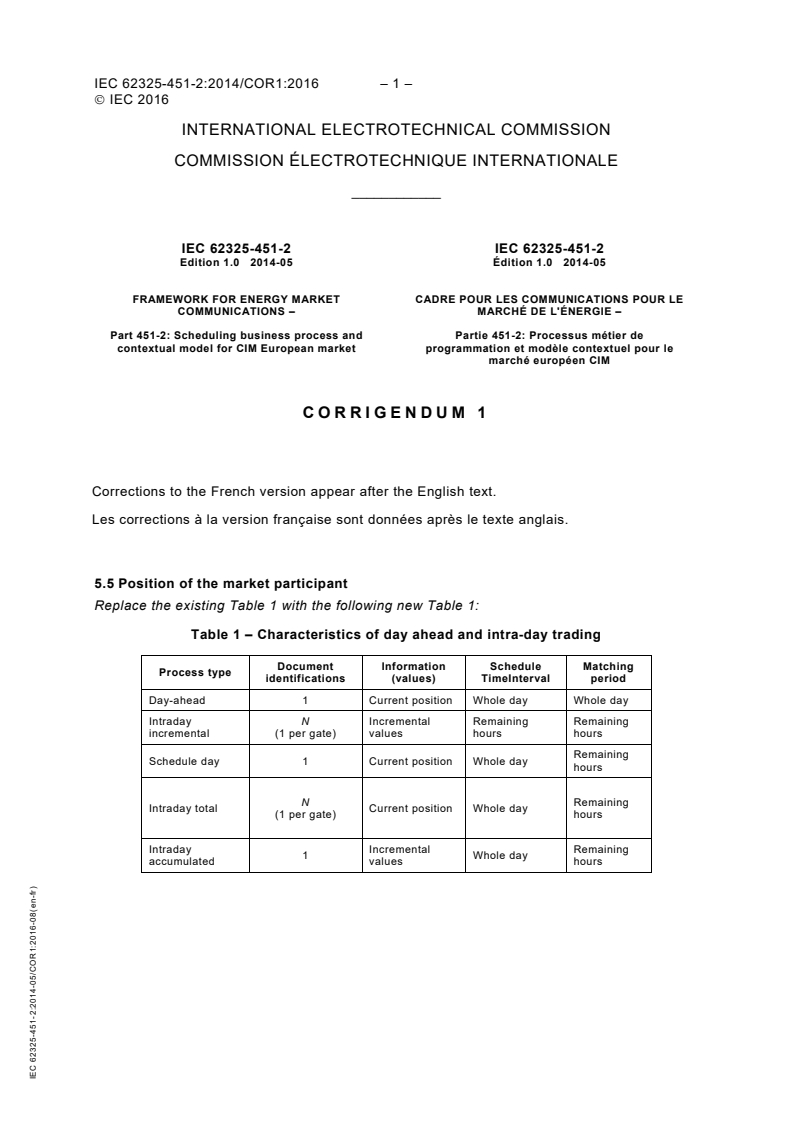 IEC 62325-451-2:2014/COR1:2016 - Corrigendum 1 - Framework for energy market communications - Part 451-2: Scheduling business process and contextual model for CIM European market
Released:8/12/2016