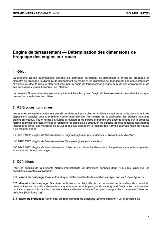 ISO 7457:1997 - Engins de terrassement -- Détermination des dimensions de braquage des engins sur roues