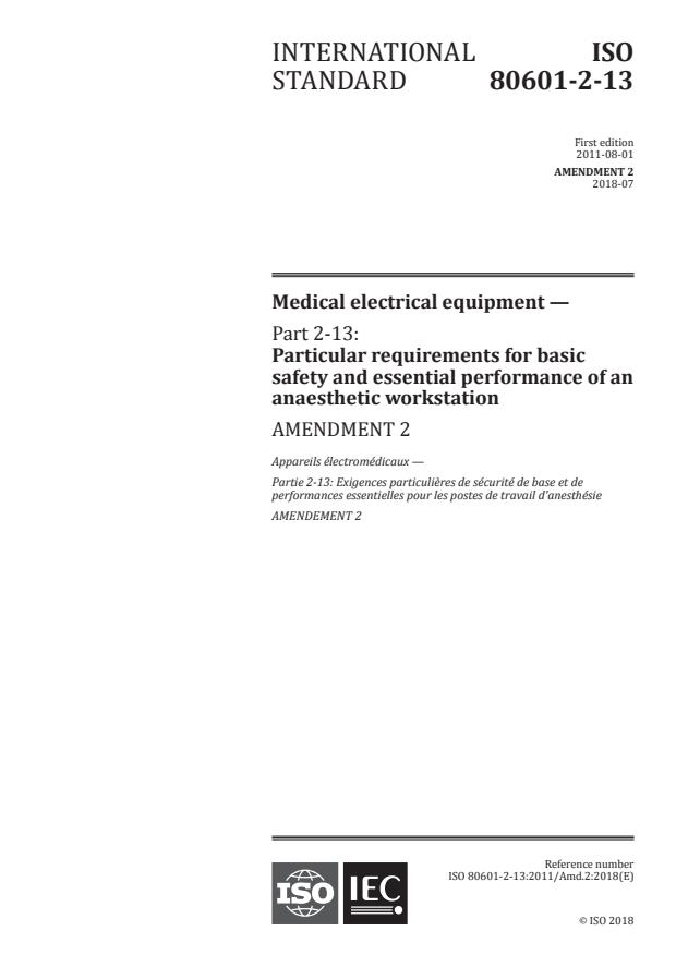 ISO 80601-2-13:2011/AMD2:2018 - Amendment 2 - Medical electrical equipment - Part 2-13: Particular requirements for basic safety and essential performance of an anaesthetic workstation