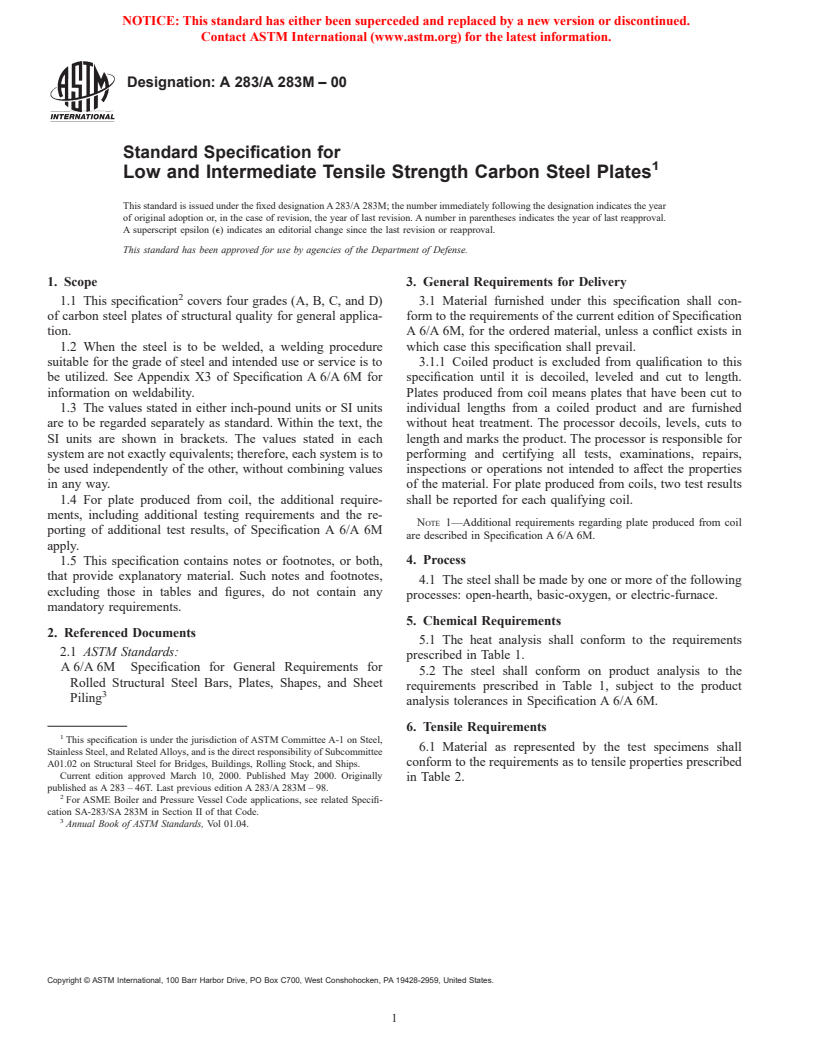 ASTM A283/A283M-00 - Standard Specification for Low and Intermediate Tensile Strength Carbon Steel Plates