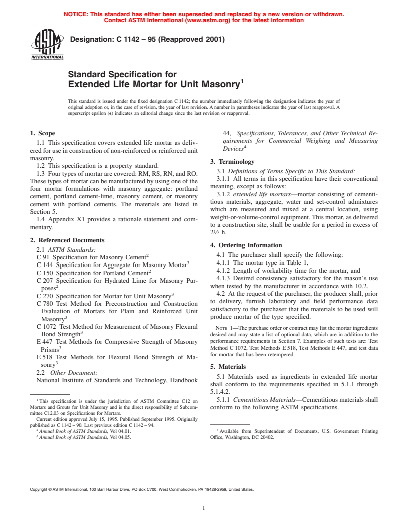 ASTM C1142-95(2001) - Standard Specification for Extended Life Mortar for Unit Masonry