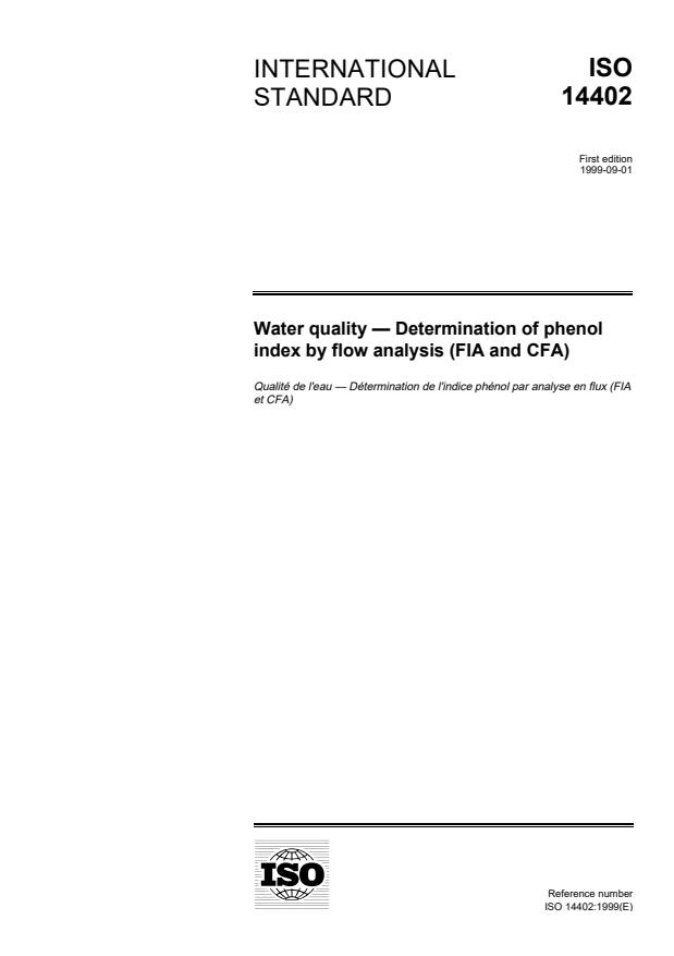 ISO 14402:1999 - Water quality -- Determination of phenol index by flow analysis (FIA and CFA)