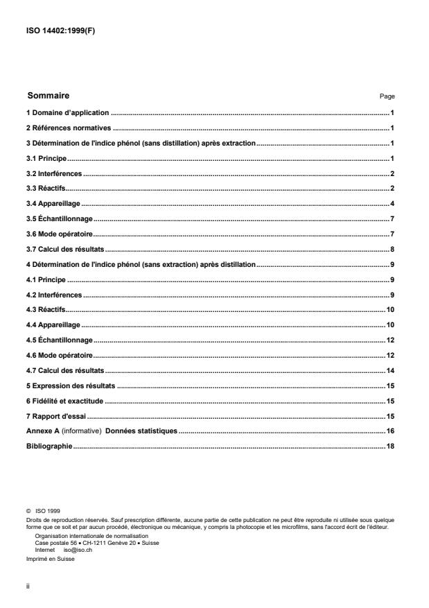 ISO 14402:1999 ISO 14402:1999 - Qualité de l'eau -- Détermination de l'indice phénol par analyse en flux (FIA et CFA) - Page 2 preview