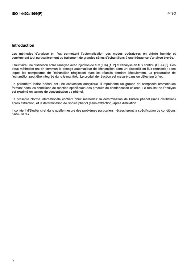 ISO 14402:1999 ISO 14402:1999 - Qualité de l'eau -- Détermination de l'indice phénol par analyse en flux (FIA et CFA) - Page 4 preview