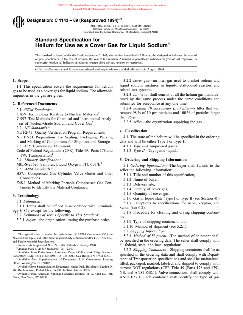 ASTM C1143-89(1994)e1 - Standard Specification for Helium for Use as a Cover Gas for Liquid Sodium (Withdrawn 2000)