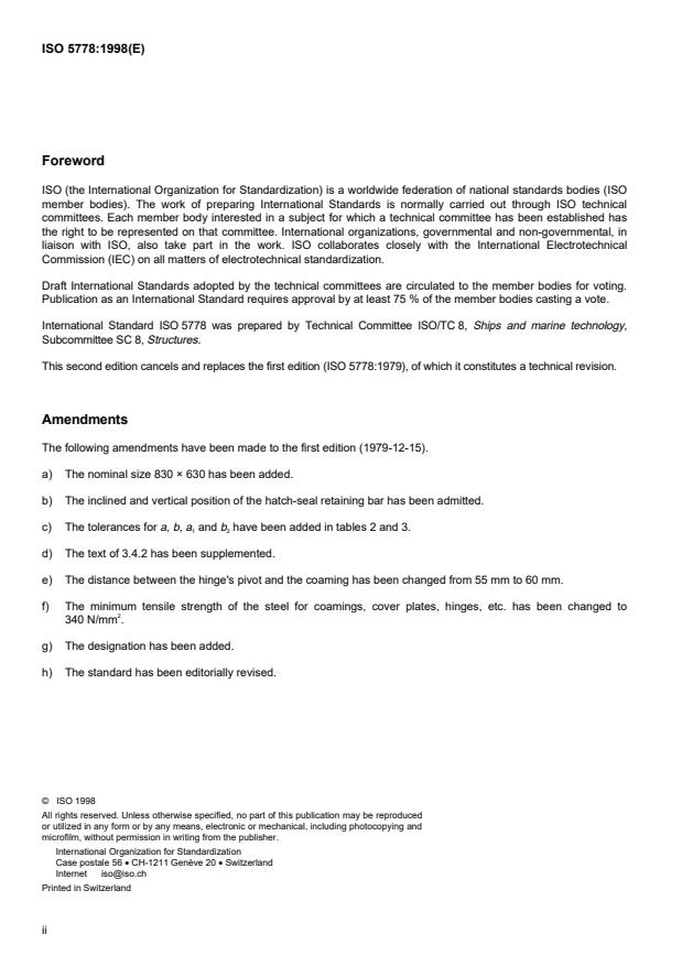 ISO 5778:1998 ISO 5778:1998 - Ships and marine technology -- Small weathertight steel hatches - Page 2 preview