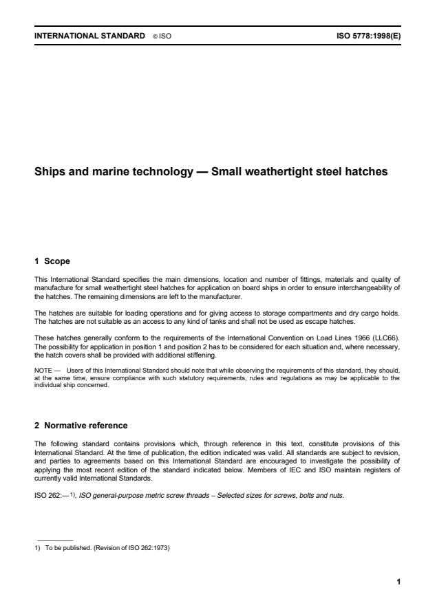 ISO 5778:1998 - Ships and marine technology  -- Small weathertight steel hatches