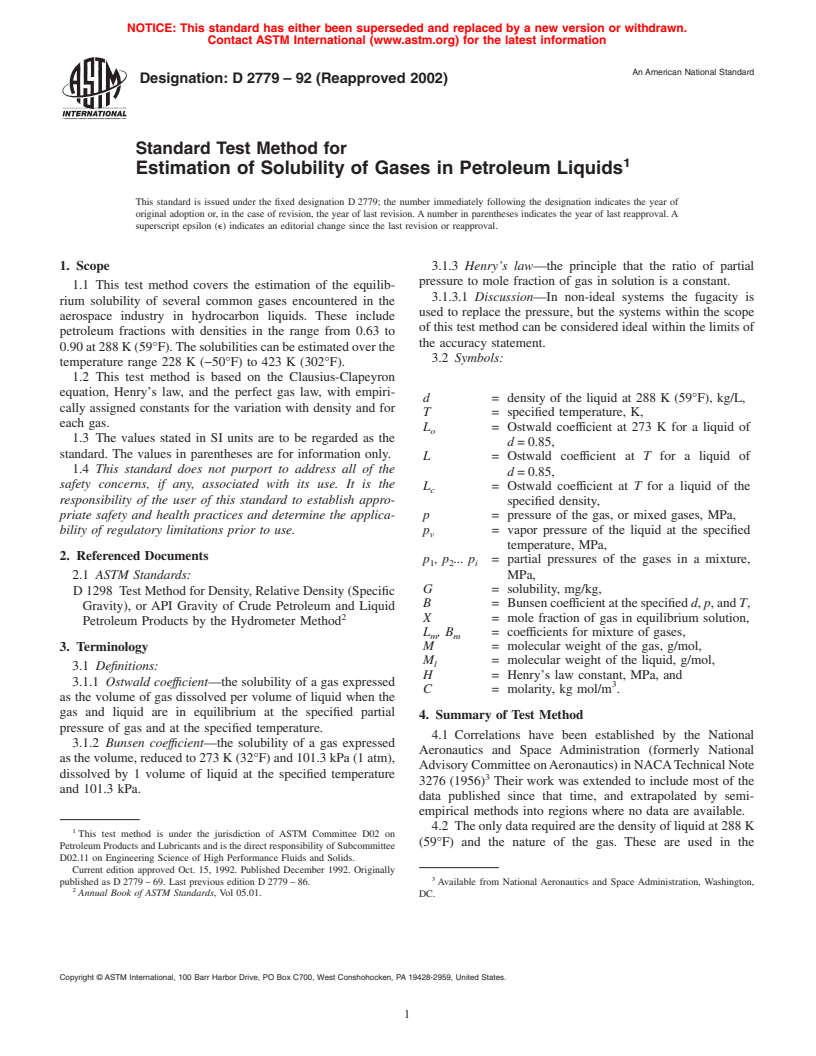 ASTM D2779-92(2002) - Standard Test Method for Estimation of Solubility of Gases in Petroleum Liquids