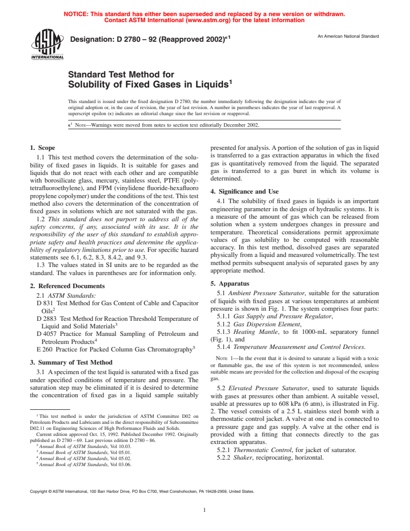 ASTM D2780-92(2002)e1 - Standard Test Method for Solubility of Fixed Gases in Liquids