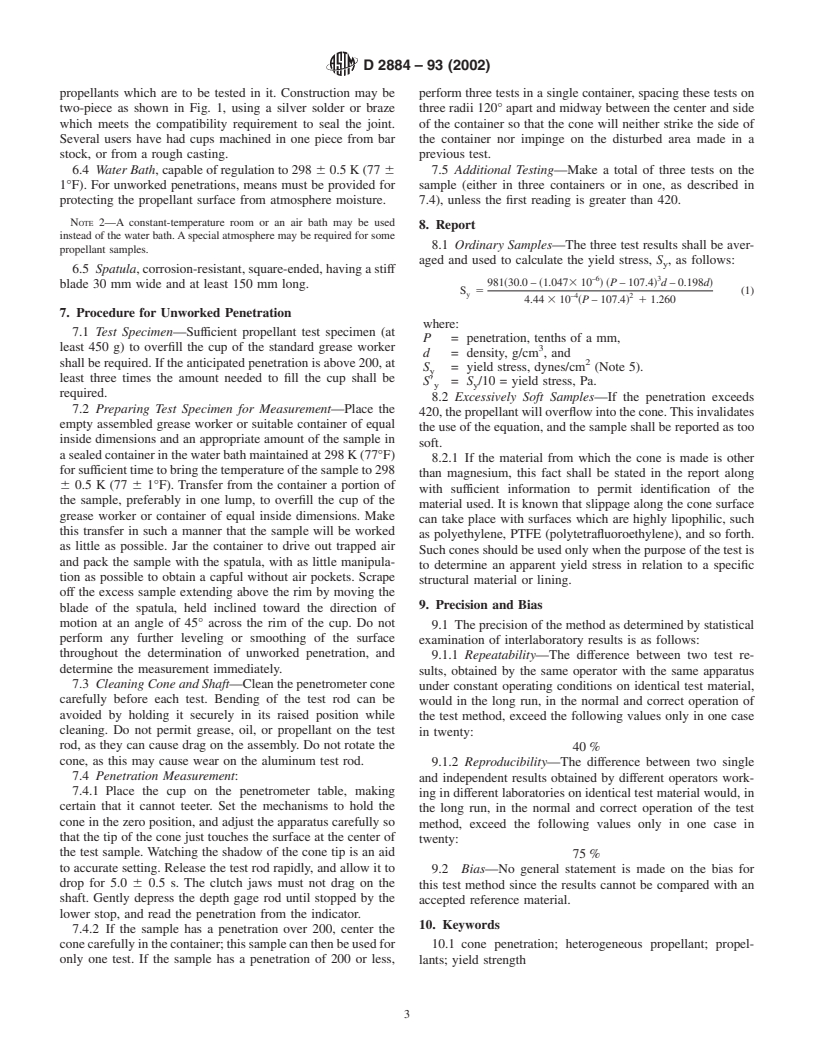 ASTM D2884-93(2002) - Standard Test Method for Yield Stress of Heterogeneous Propellants by Cone Penetration Method