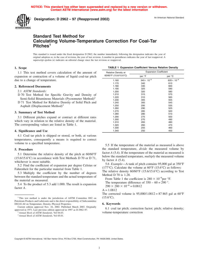 ASTM D2962-97(2002) - Standard Test Method for Calculating Volume-Temperature Correction For Coal-Tar Pitches