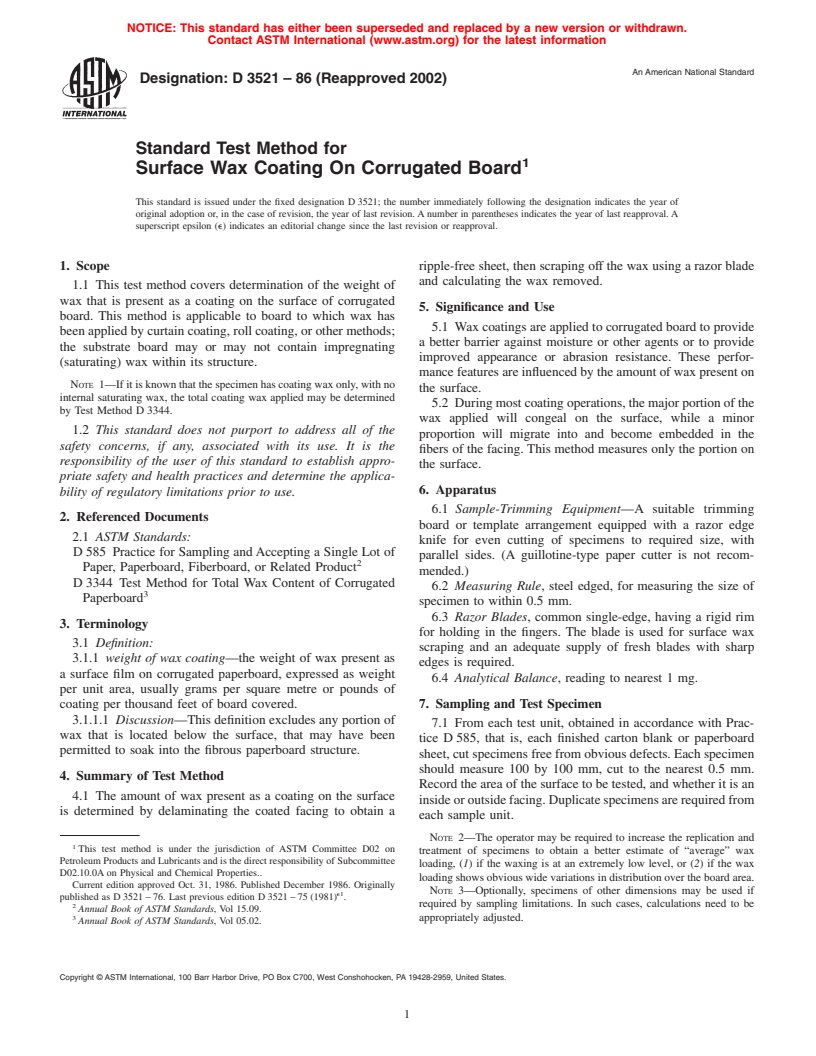 ASTM D3521-86(2002) - Standard Test Method for Surface Wax Coating On Corrugated Board