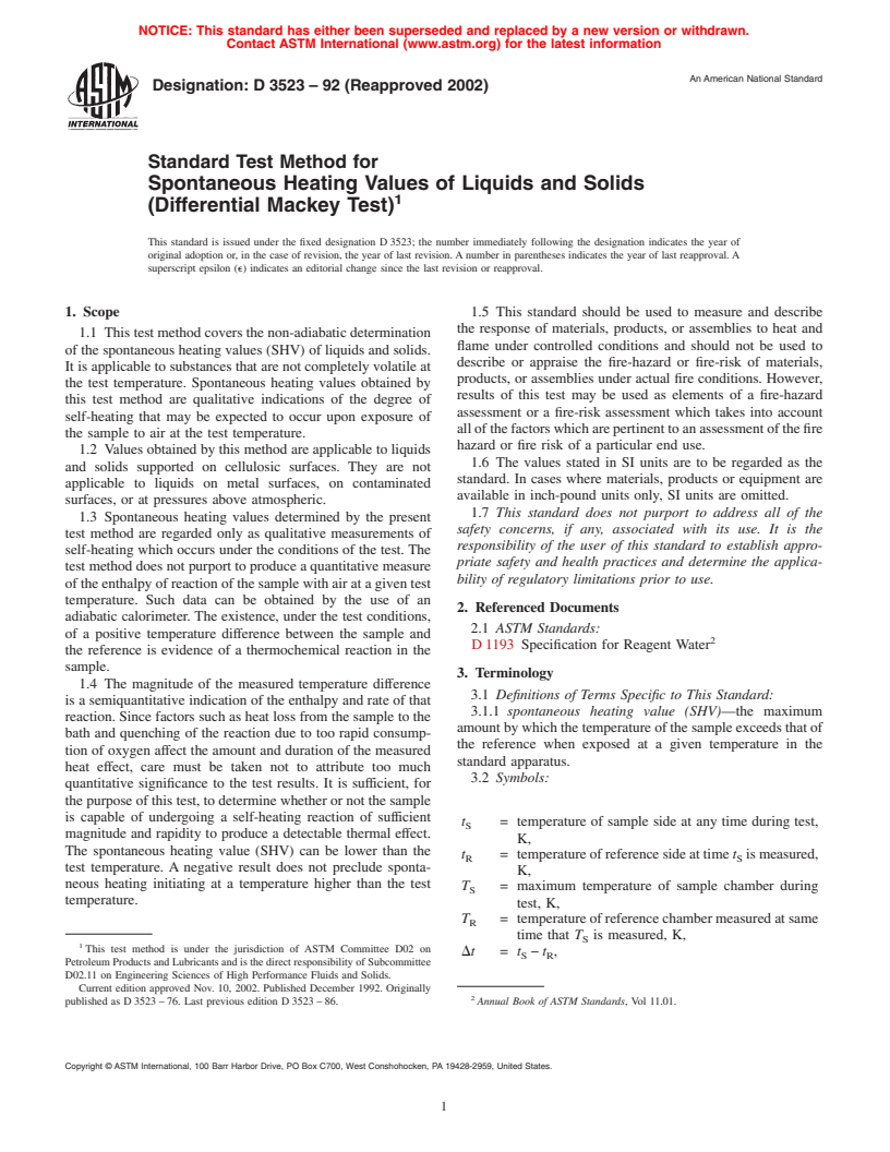 ASTM D3523-92(2002) - Standard Test Method for Spontaneous Heating Values of Liquids and Solids (Differential Mackey Test)