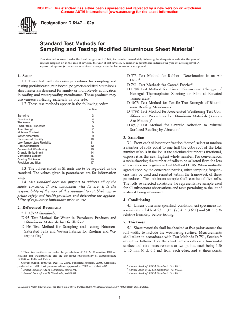 ASTM D5147-02a - Standard Test Methods for Sampling and Testing Modified Bituminous Sheet Material
