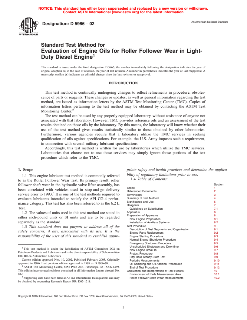 ASTM D5966-02 - Standard Test Method for Evaluation of Engine Oils for Roller Follower Wear in Light-Duty Diesel Engine