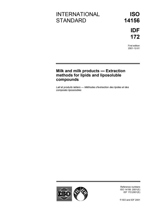 ISO 14156:2001 - Milk and milk products -- Extraction methods for lipids and liposoluble compounds