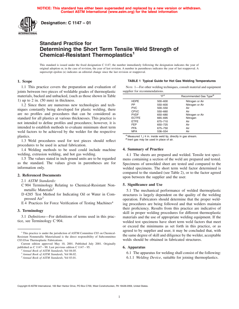 ASTM C1147-01 - Standard Practice for Determining the Short Term Tensile Weld Strength of Chemical-Resistant Thermoplastics