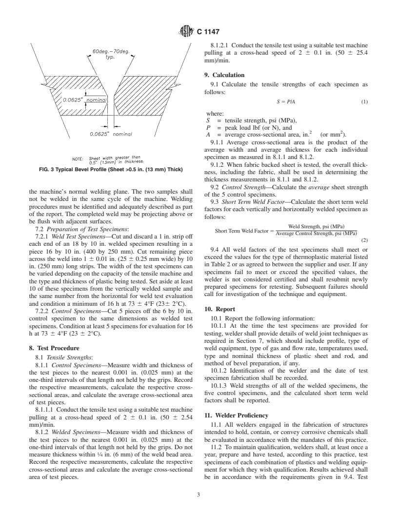 ASTM C1147-01 - Standard Practice for Determining the Short Term Tensile Weld Strength of Chemical-Resistant Thermoplastics