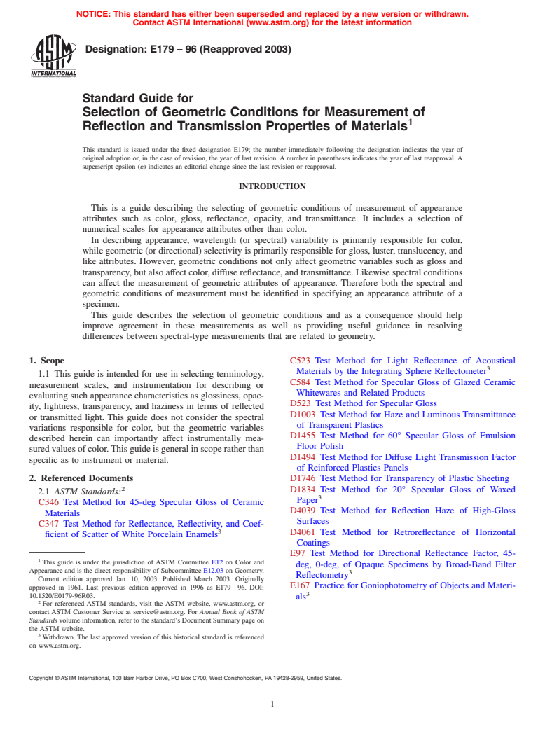 ASTM E179-96(2003) - Standard Guide for Selection of Geometric Conditions for Measurement of Reflection and Transmission Properties of Materials (Withdrawn 2012)