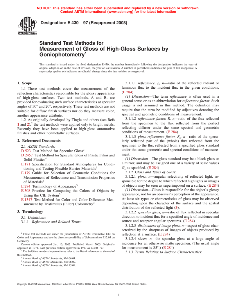 ASTM E430-97(2003) - Standard Test Methods for Measurement of Gloss of High-Gloss Surfaces by Goniophotometry