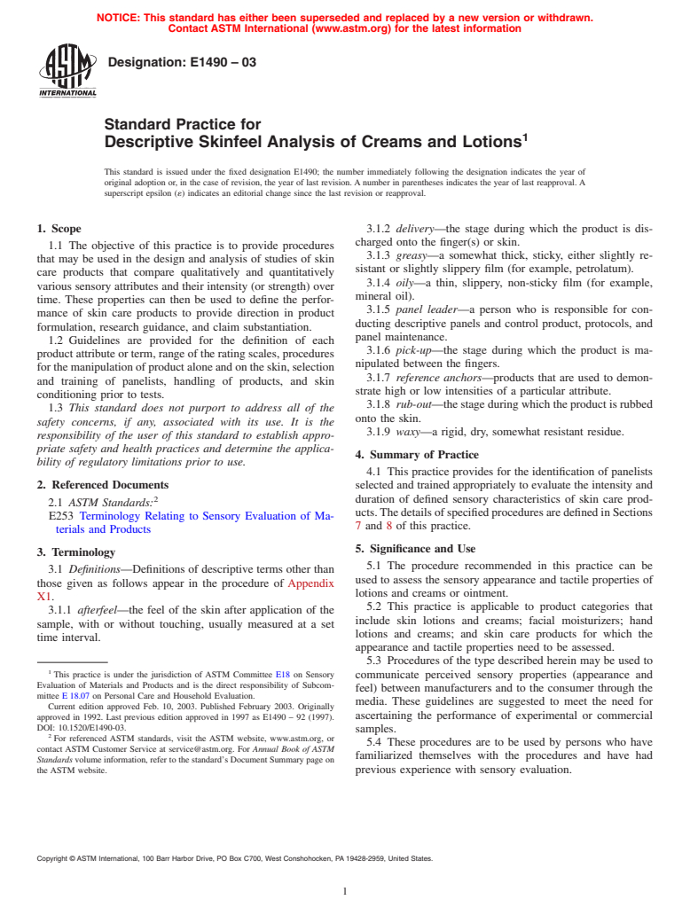 ASTM E1490-03 - Standard Practice for Descriptive Skinfeel Analysis of Creams and Lotions