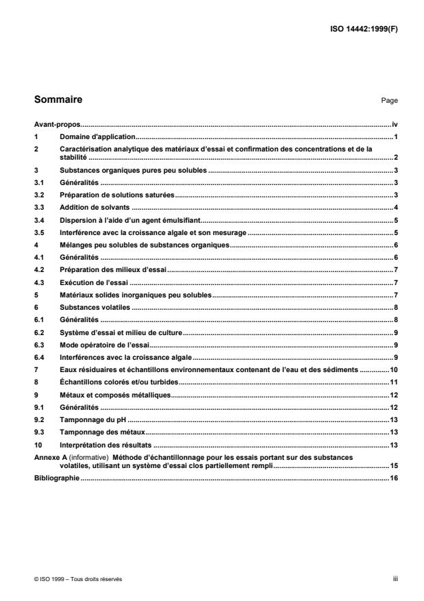 ISO 14442:1999 - Qualité de l'eau -- Lignes directrices pour essais d'inhibition de la croissance algale avec des matieres peu solubles, composés volatiles, métaux et eaux résiduaires