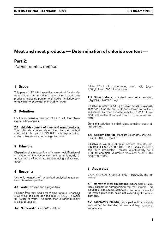 ISO 1841-2:1996 - Meat and meat products -- Determination of chloride content