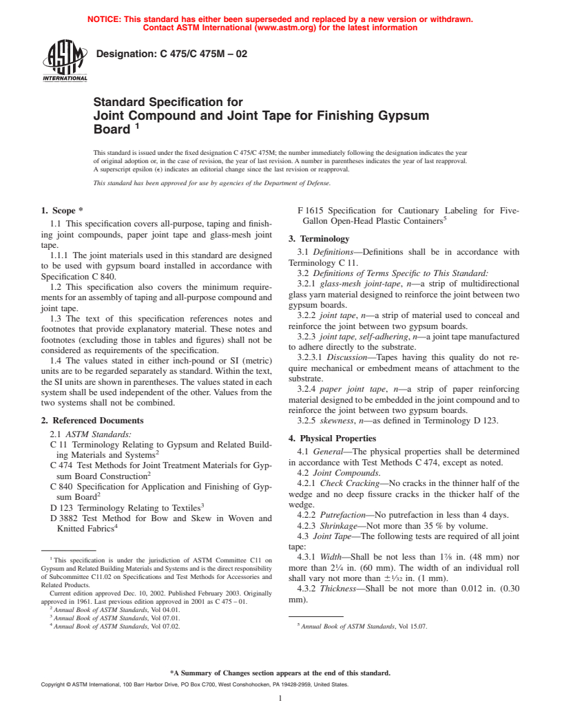 ASTM C475/C475M-02 - Standard Specification for Joint Compound and Joint Tape for Finishing Gypsum Board