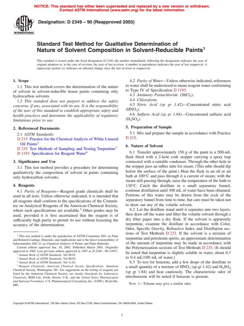 ASTM D2349-90(2003) - Standard Test Method for Qualitative Determination of Nature of Solvent Composition in Solvent-Reducible Paints