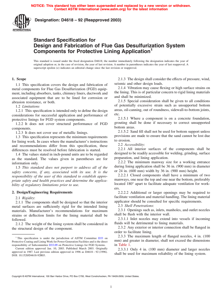 ASTM D4618-92(2003) - Standard Specification for Design and Fabrication of Flue Gas Desulfurization System Components for Protective Lining Application