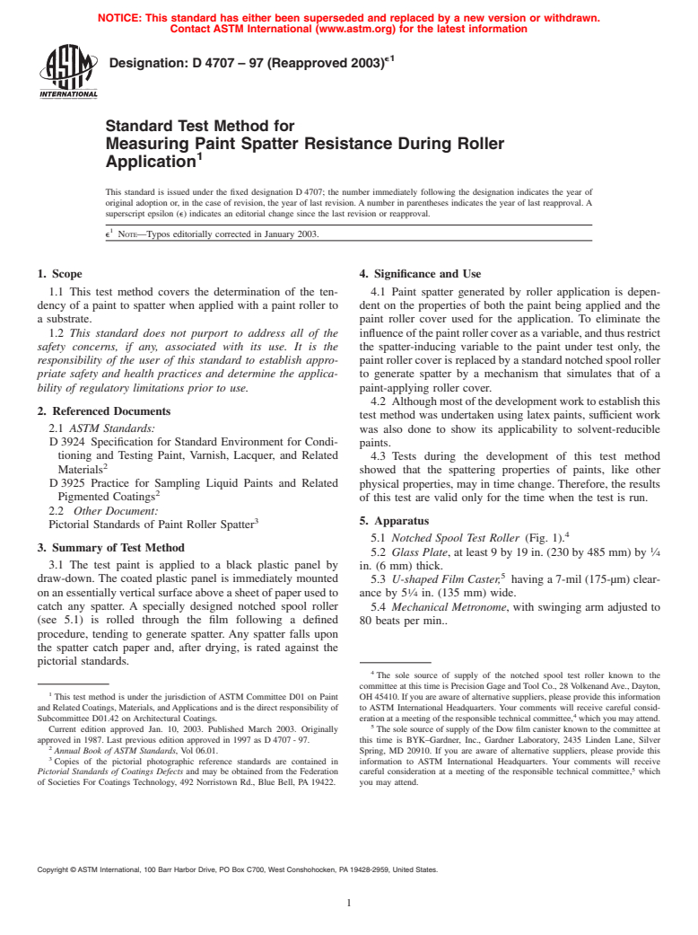 ASTM D4707-97(2003)e1 - Standard Test Method for Measuring Paint Spatter Resistance During Roller Application